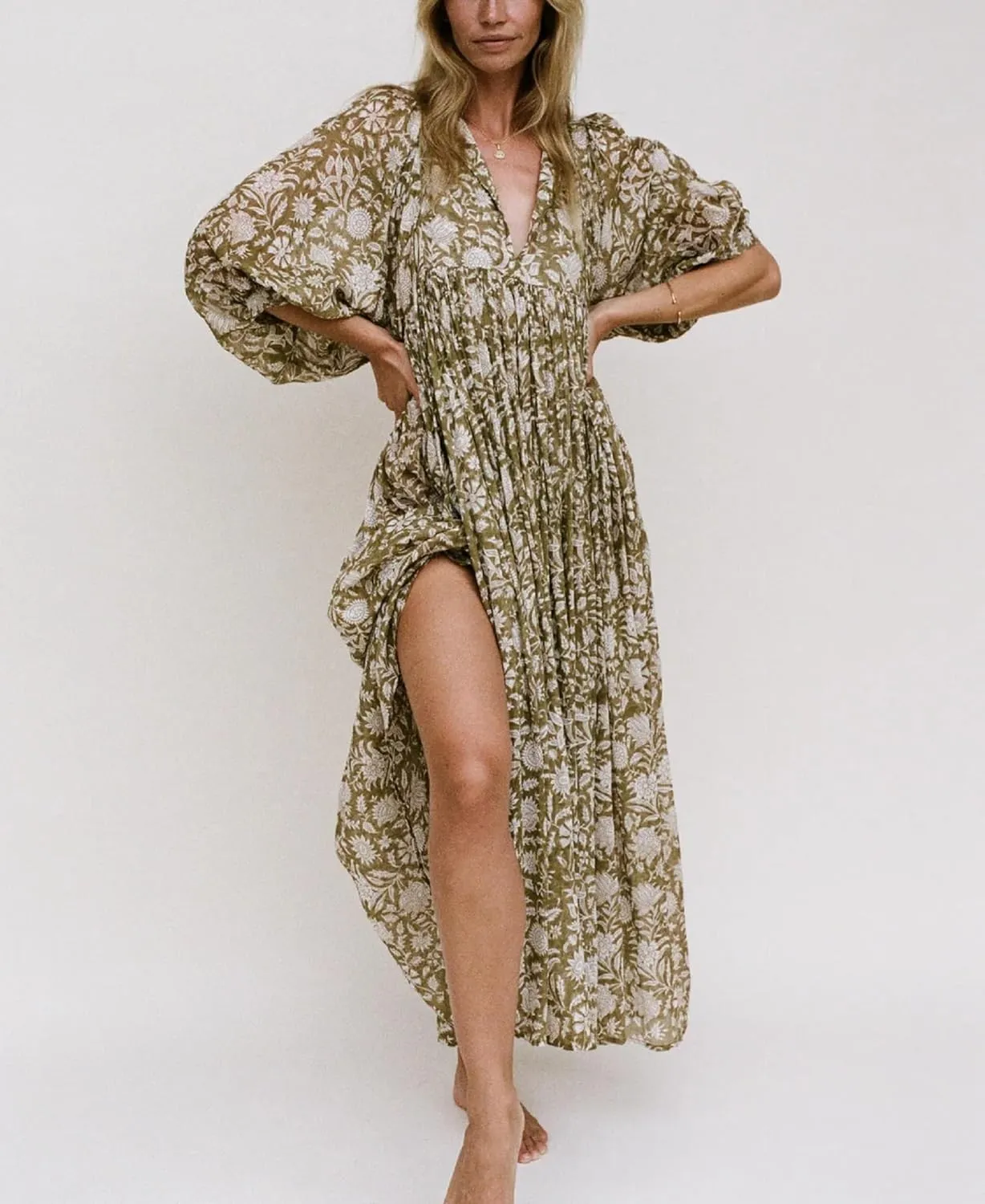 Boho Floral Maxi Dress for Women Puff Sleeve V Neck Loose Flowy Long Dress Beach Oversized Tiered Swing Sundress
