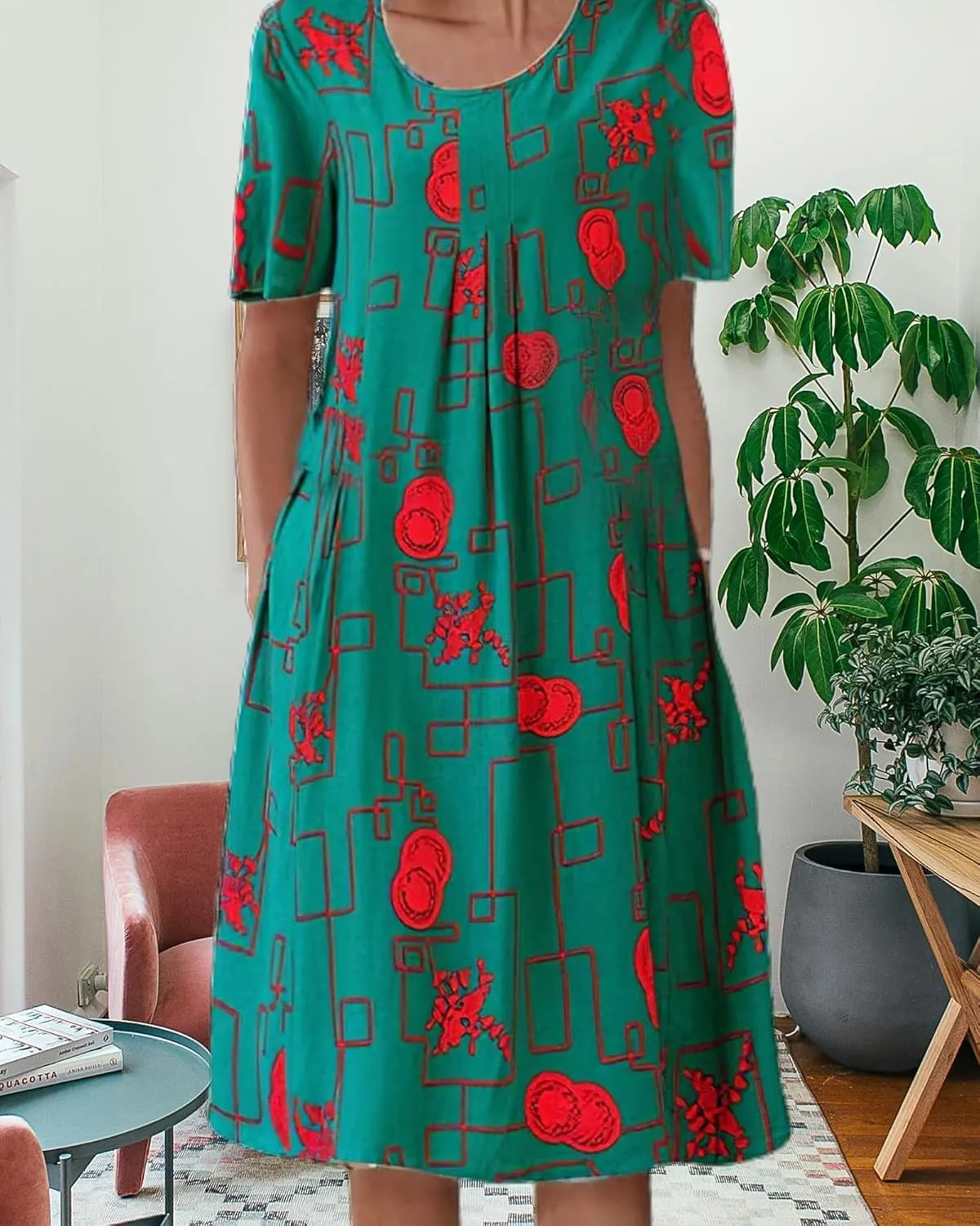 Boho Knee Length Dress for Women Casual Crew Neck Short Sleeve Floral Print Dress Loose A Line Plus Size Pleated Dress