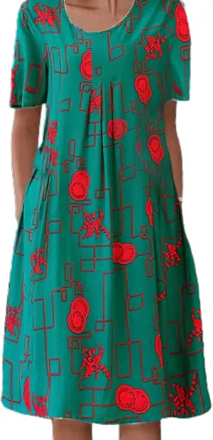 Boho Knee Length Dress for Women Casual Crew Neck Short Sleeve Floral Print Dress Loose A Line Plus Size Pleated Dress