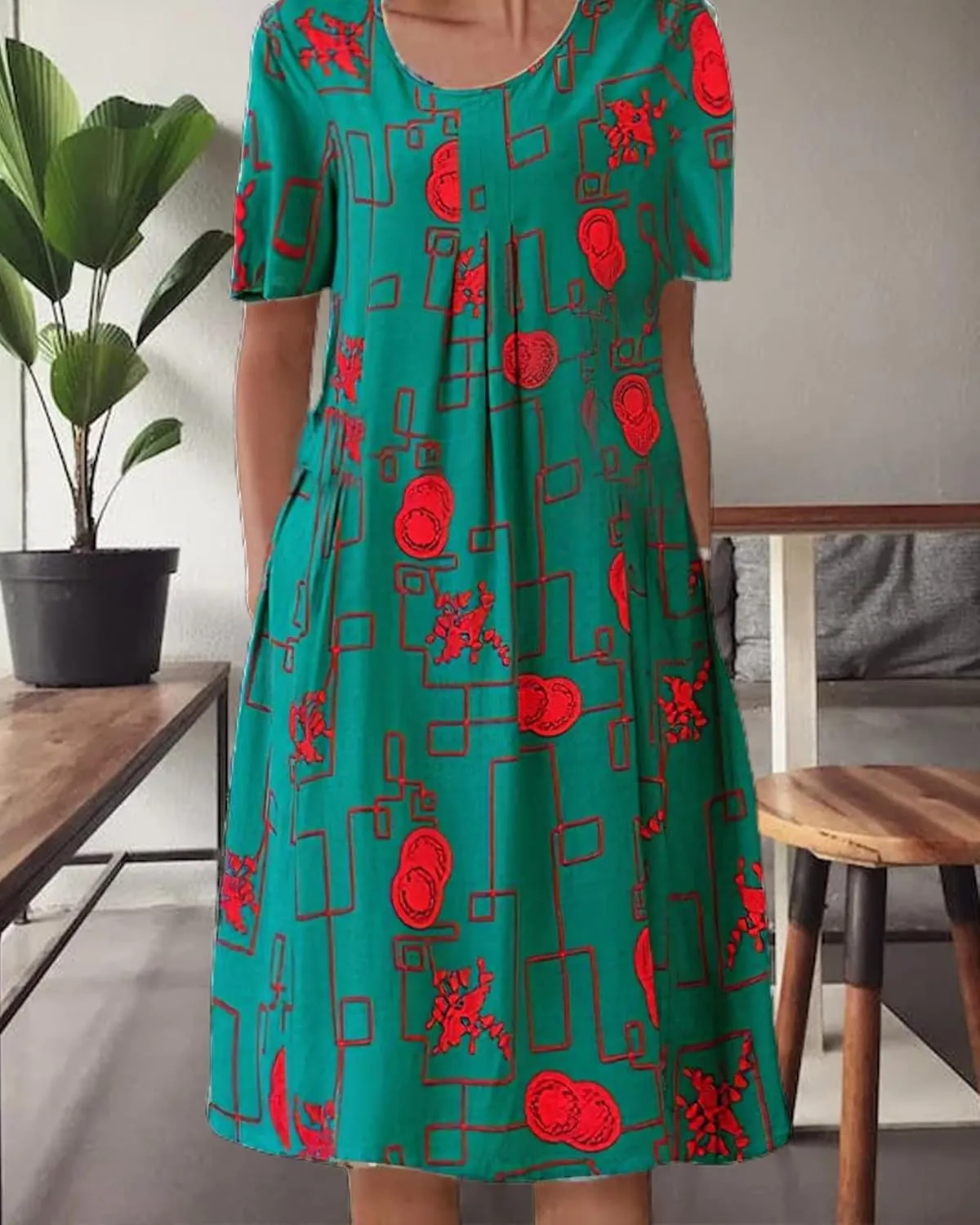 Boho Knee Length Dress for Women Casual Crew Neck Short Sleeve Floral Print Dress Loose A Line Plus Size Pleated Dress