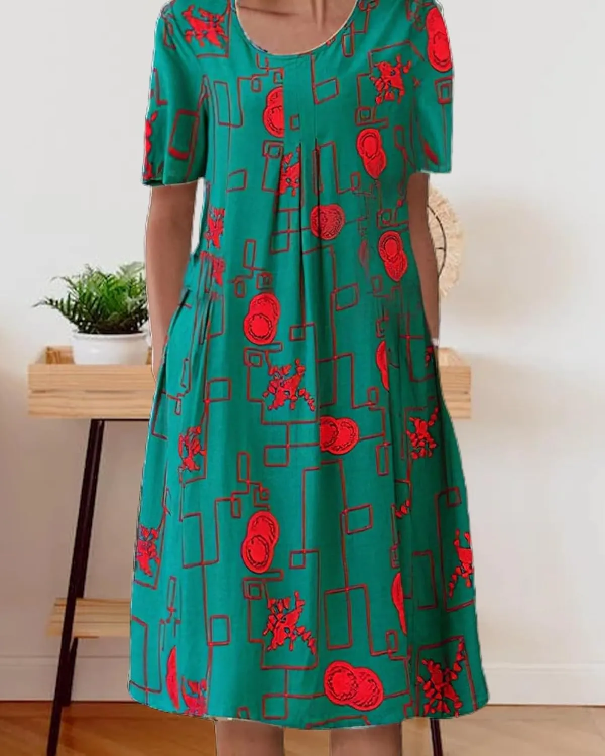 Boho Knee Length Dress for Women Casual Crew Neck Short Sleeve Floral Print Dress Loose A Line Plus Size Pleated Dress