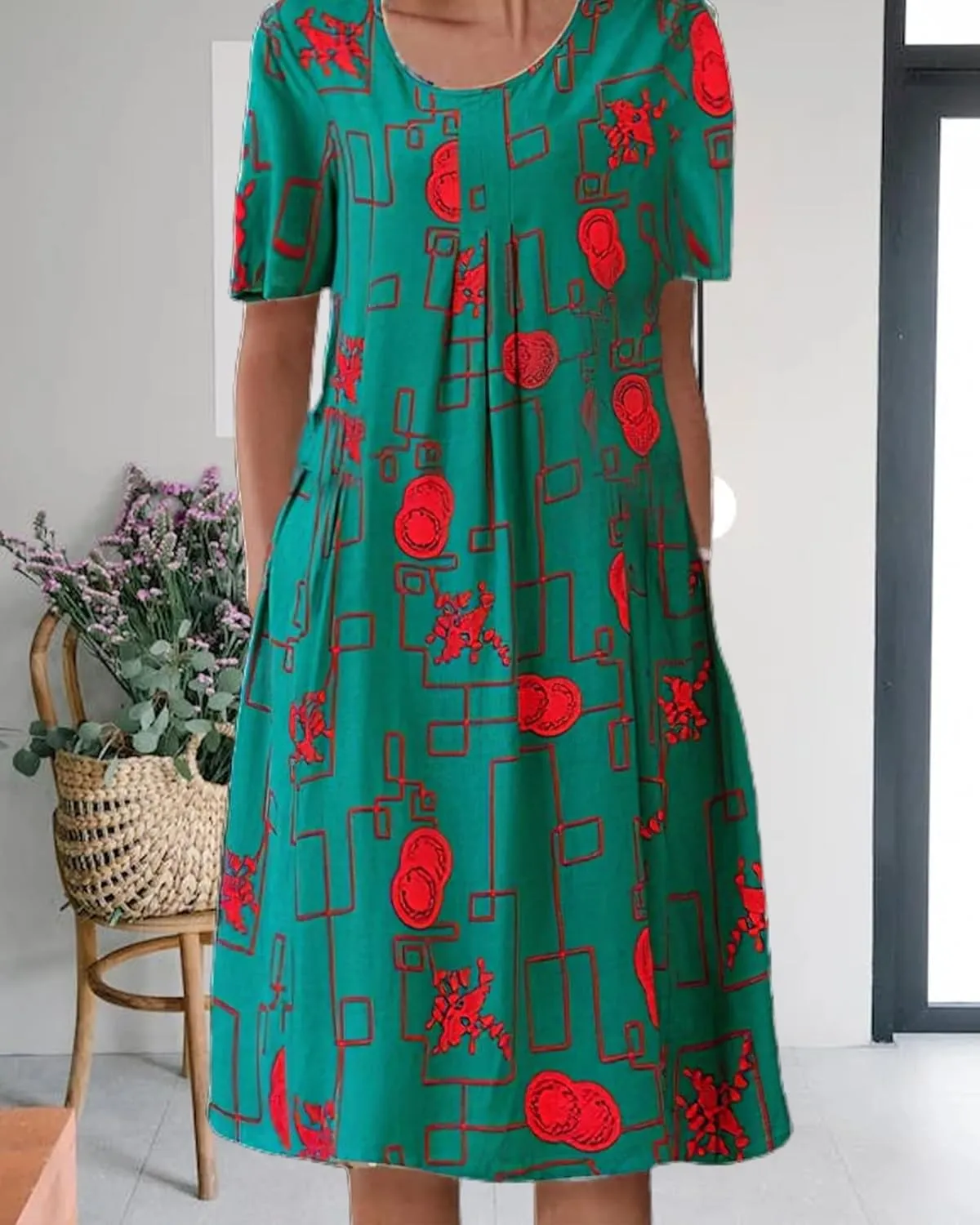 Boho Knee Length Dress for Women Casual Crew Neck Short Sleeve Floral Print Dress Loose A Line Plus Size Pleated Dress