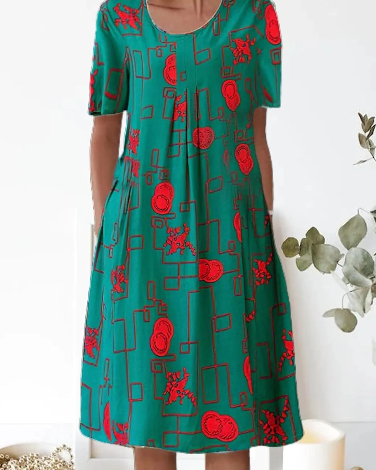 Boho Knee Length Dress for Women Casual Crew Neck Short Sleeve Floral Print Dress Loose A Line Plus Size Pleated Dress