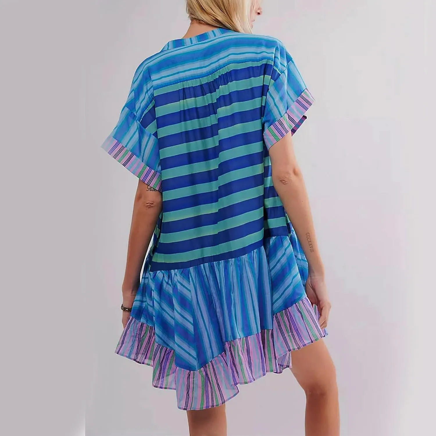 Boho Summer Dress Casual Patchwork Floral Deep V Neck Ruffle Oversized Babydoll Sundress Y2k Hot Shot Mini Dress