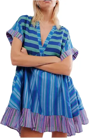 Boho Summer Dress Casual Patchwork Floral Deep V Neck Ruffle Oversized Babydoll Sundress Y2k Hot Shot Mini Dress