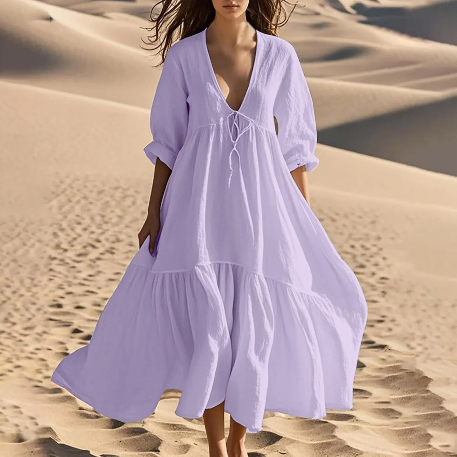 Boho Summer Dresses for Women Casual V Neck Beach Flowy Sundress Ladies Fashion Vacation Cotton Linen Maxi Dress