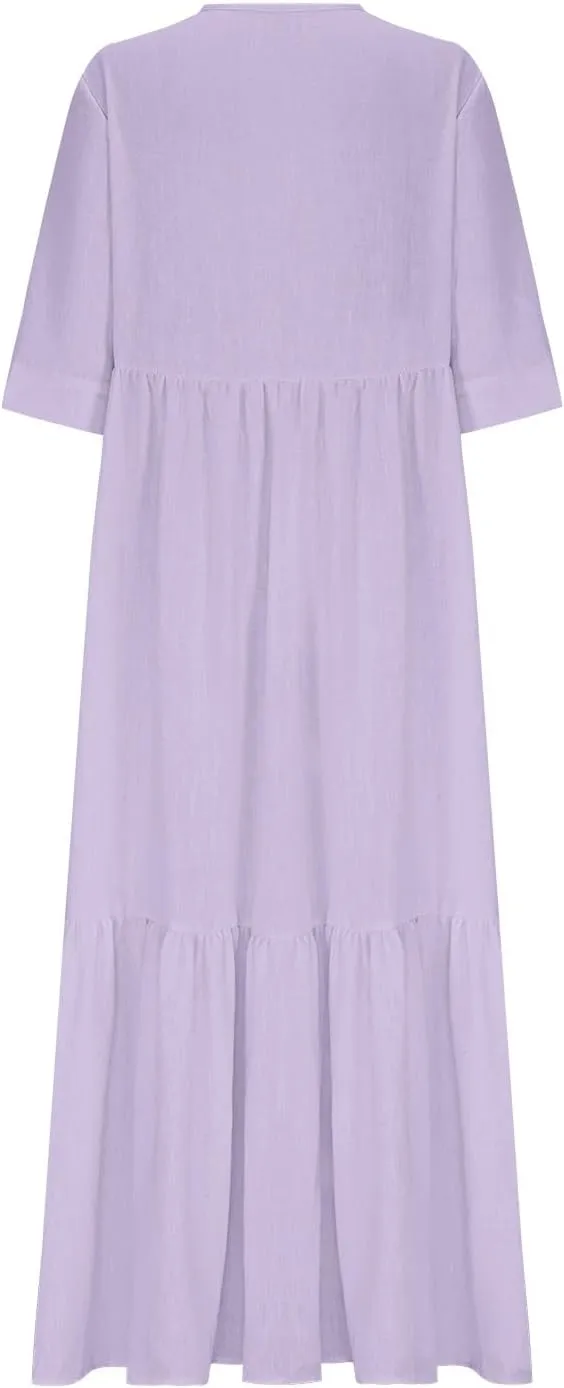 Boho Summer Dresses for Women Casual V Neck Beach Flowy Sundress Ladies Fashion Vacation Cotton Linen Maxi Dress