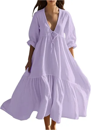 Boho Summer Dresses for Women Casual V Neck Beach Flowy Sundress Ladies Fashion Vacation Cotton Linen Maxi Dress