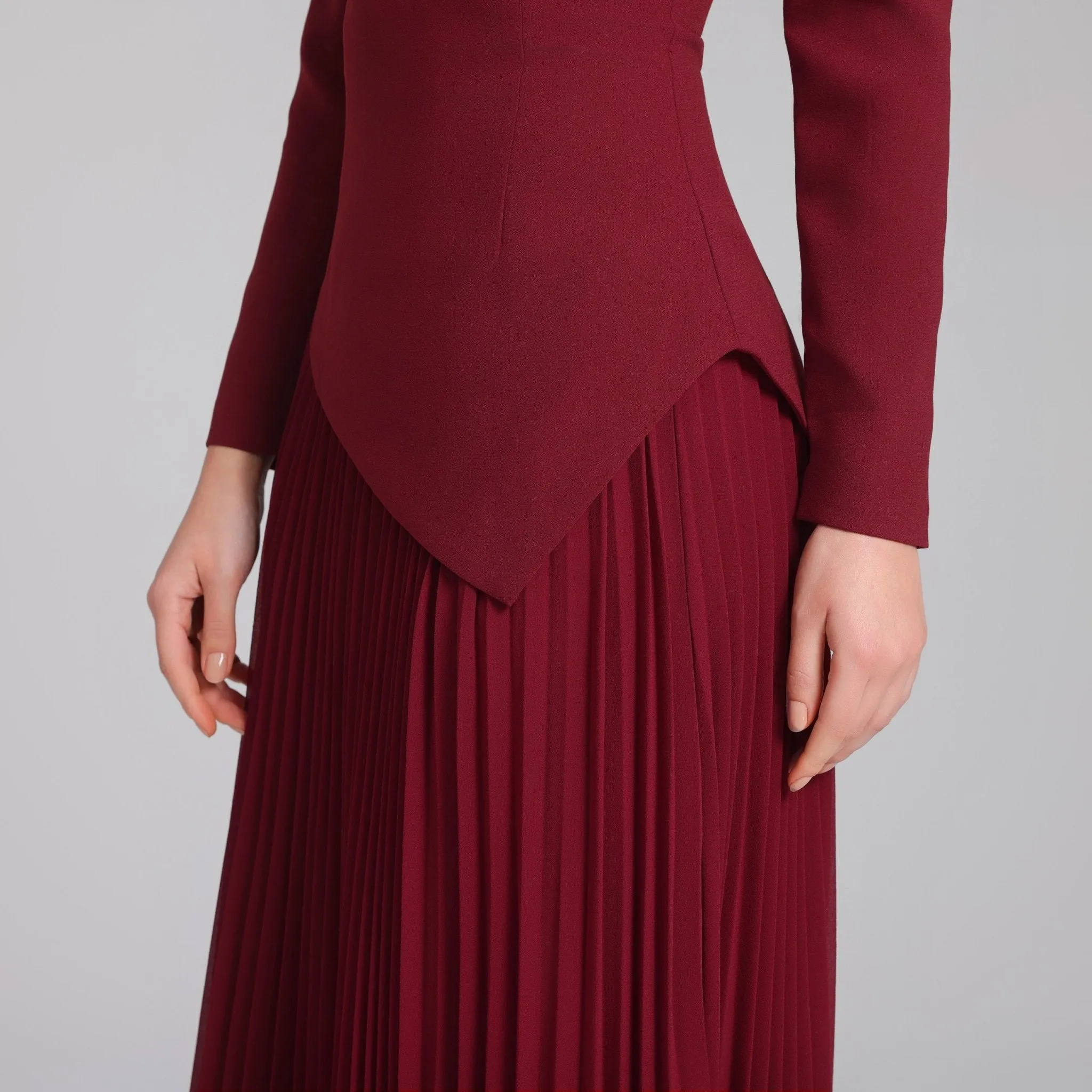 Burgundy One-shoulder Crepe Dress With Pleated Skirt