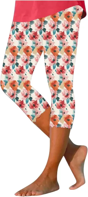 Capri Leggings for Women Floral Print High Waist Capris Pants Tummy Control Knee Length Slim Fit Yoga Trouser 2025