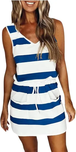 Cbcbtwo Beach Vacation Clothes for Women 2025 Summer Dress Sleeveless Tie Front A-Line Double Layer Hem Mini Dresses