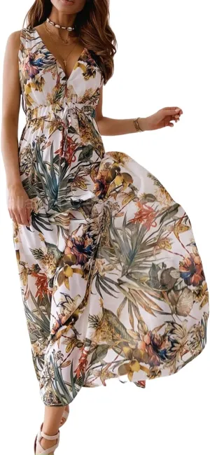 CHARTOU Women Boho Floral Maxi Dress Beach Long Flowy Dress Sleeveless Open Back Dress Hippie Sundress Summer