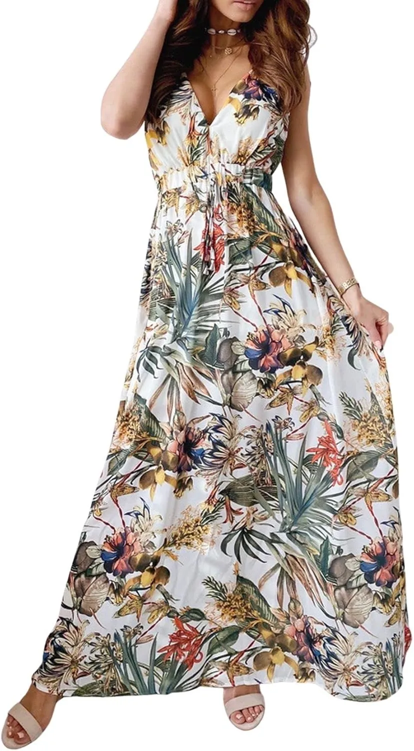 CHARTOU Women Boho Floral Maxi Dress Beach Long Flowy Dress Sleeveless Open Back Dress Hippie Sundress Summer