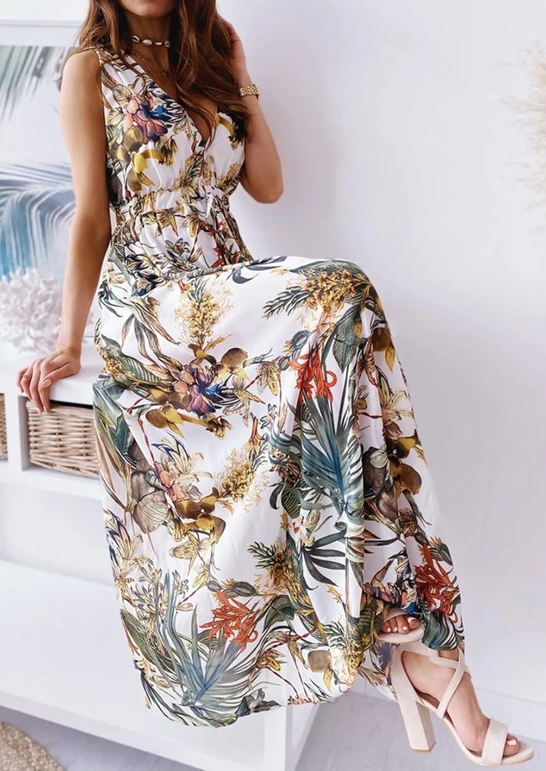 CHARTOU Women Boho Floral Maxi Dress Beach Long Flowy Dress Sleeveless Open Back Dress Hippie Sundress Summer