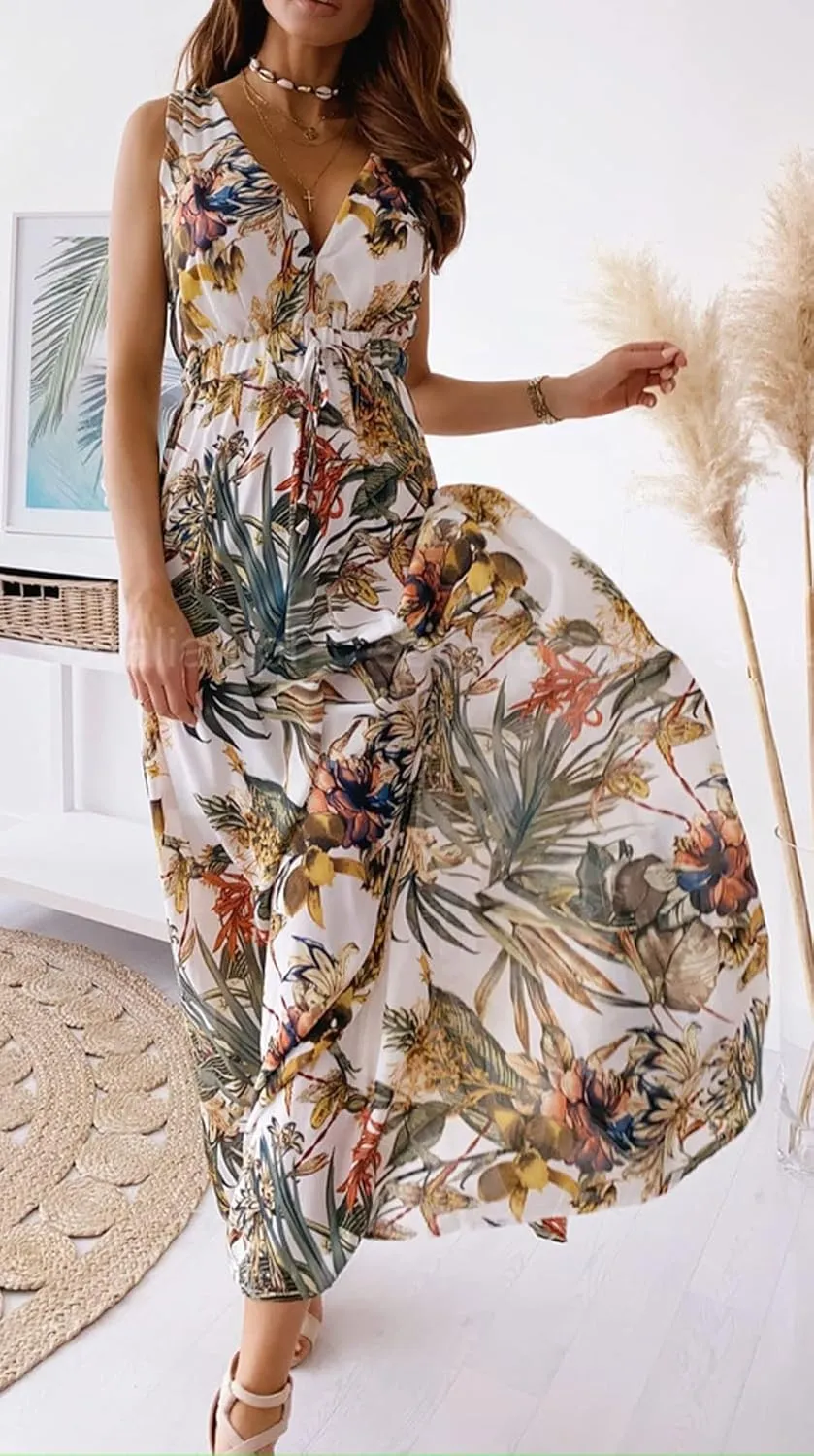 CHARTOU Women Boho Floral Maxi Dress Beach Long Flowy Dress Sleeveless Open Back Dress Hippie Sundress Summer