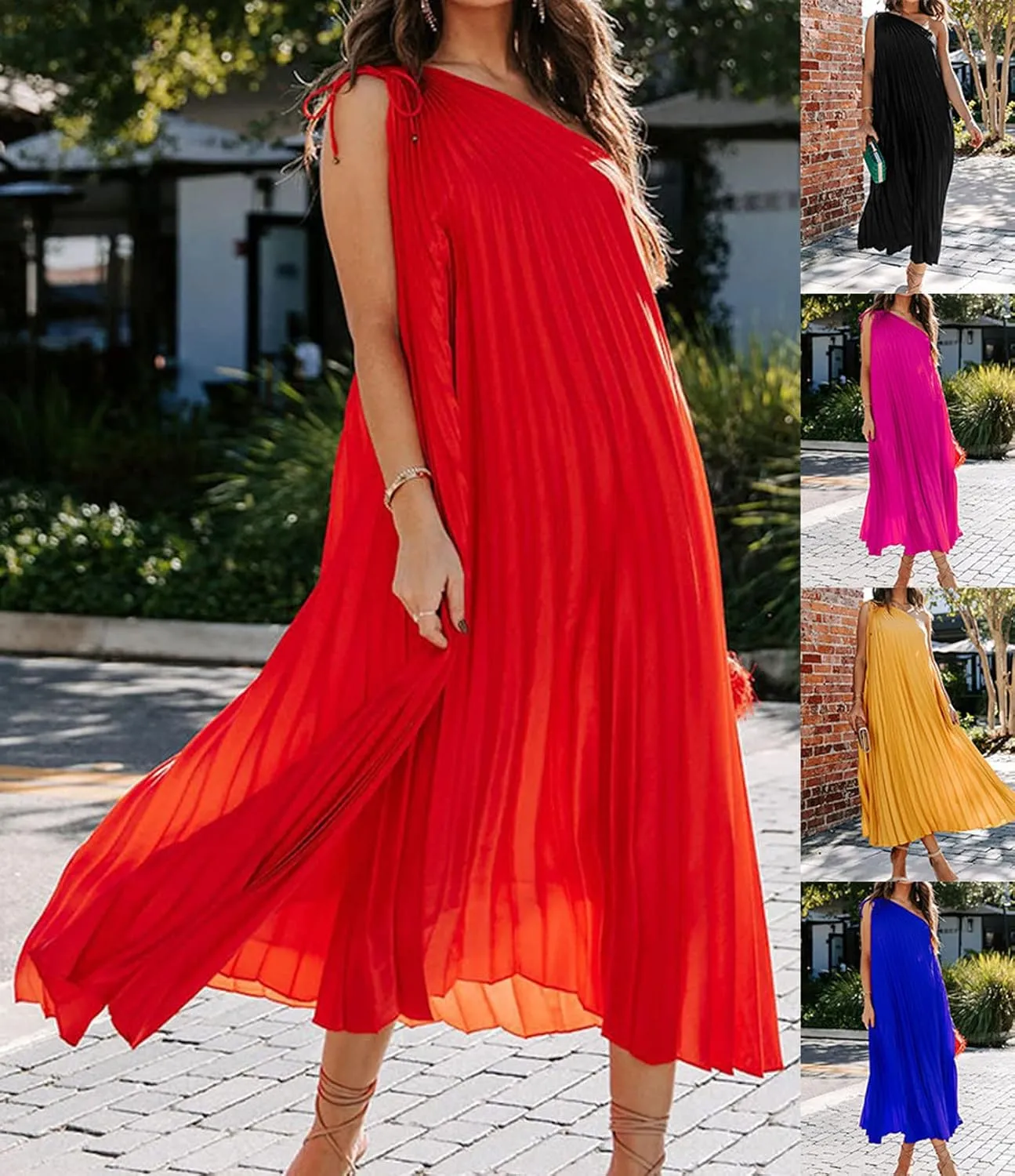 CHARTOU Women One Shoulder Dress Pleated Flowy Dress Sleeveless Wedding Guest Dresses Cocktail Summer Beach Sundress