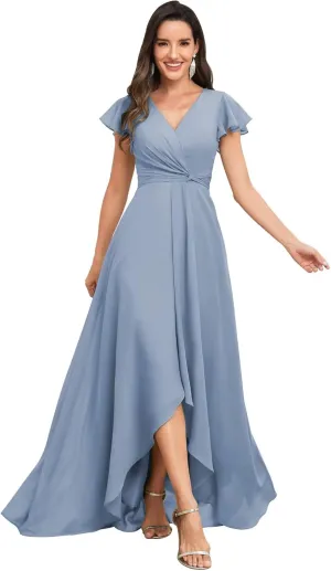 Chiffon Bridesmaid Dresses for Women 2025 High Low Ruched Short Sleeve V Neck Corset Wedding Guest Dress