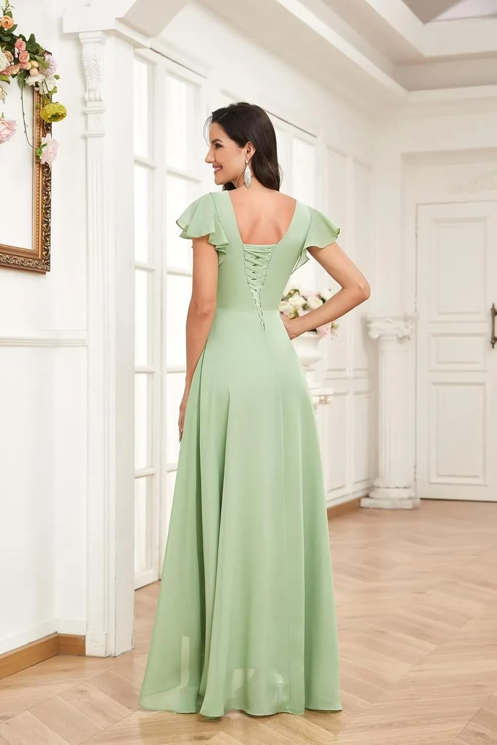 Chiffon Bridesmaid Dresses for Women 2025 High Low Ruched Short Sleeve V Neck Corset Wedding Guest Dress