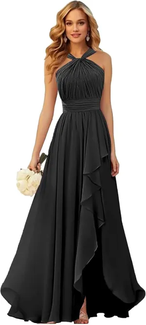 Chiffon Bridesmaid Dresses for Women Long Halter Pleated Ruffle Formal Evening Dress