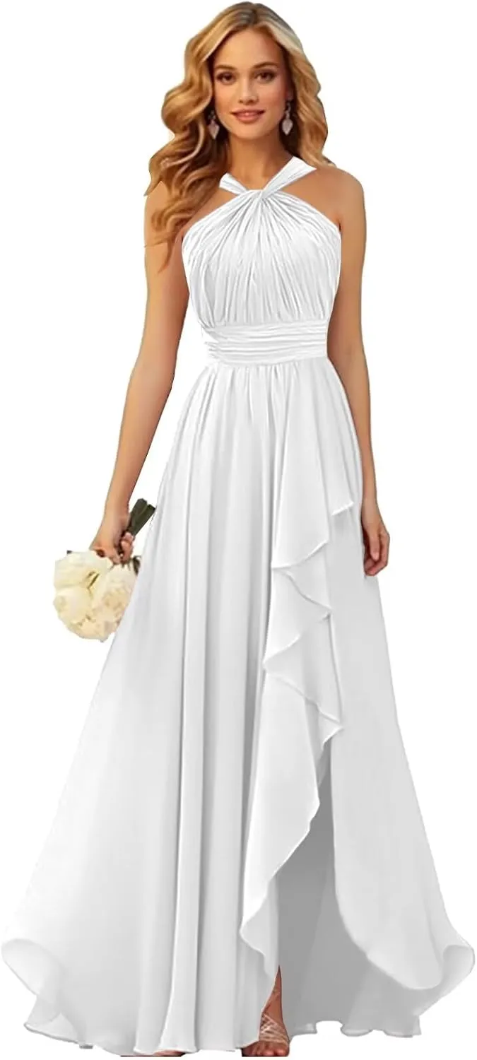 Chiffon Bridesmaid Dresses for Women Long Halter Pleated Ruffle Formal Evening Dress
