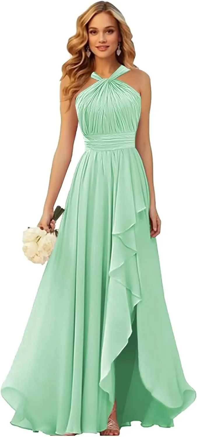 Chiffon Bridesmaid Dresses for Women Long Halter Pleated Ruffle Formal Evening Dress