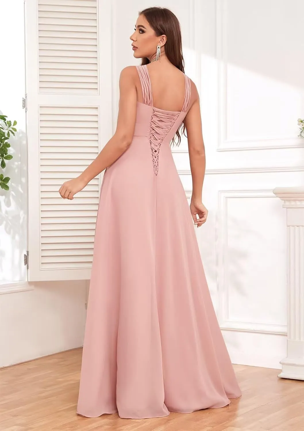 Chiffon Bridesmaid Dresses for Women Long Halter Pleated Ruffle Formal Evening Dress