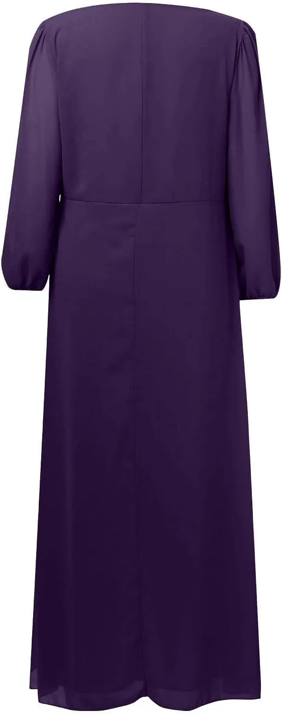 Chiffon Dresses for Women Summer Flowy Ruffle Mini Dress Elegant V Neck 3/4 Lantern Sleeve Party Cocktail Wedding Guest Dress