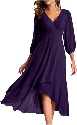 Chiffon Dresses for Women Summer Flowy Ruffle Mini Dress Elegant V Neck 3/4 Lantern Sleeve Party Cocktail Wedding Guest Dress