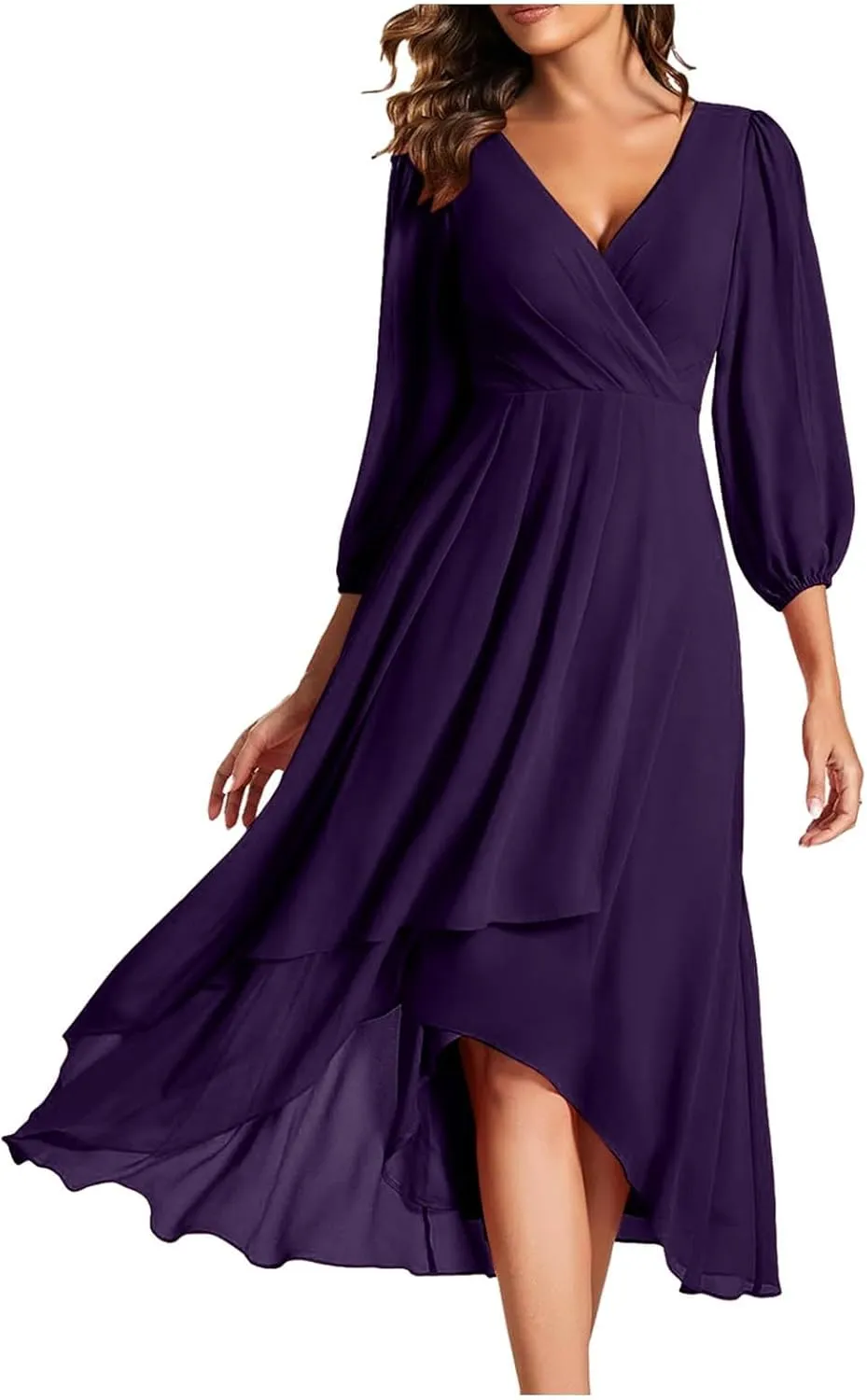 Chiffon Dresses for Women Summer Flowy Ruffle Mini Dress Elegant V Neck 3/4 Lantern Sleeve Party Cocktail Wedding Guest Dress