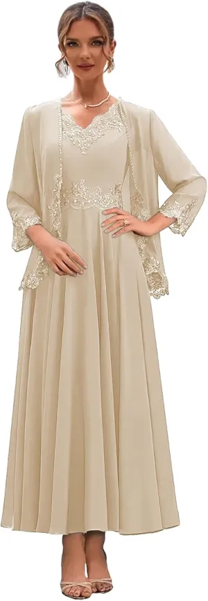Chiffon Mother of The Bride Dresses for Wedding 2 Pieces Formal Dress with Jacket Lace Evening Party Gown