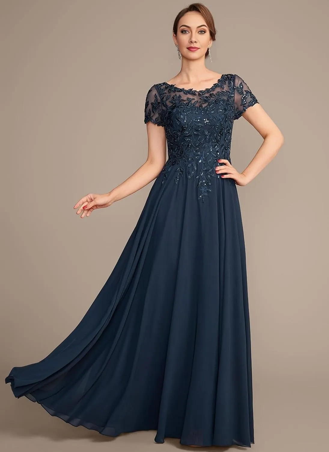 Chiffon Mother of The Bride Dresses Long for Women Short Sleeve Lace Appliques Formal Dresses with Pocket HO056