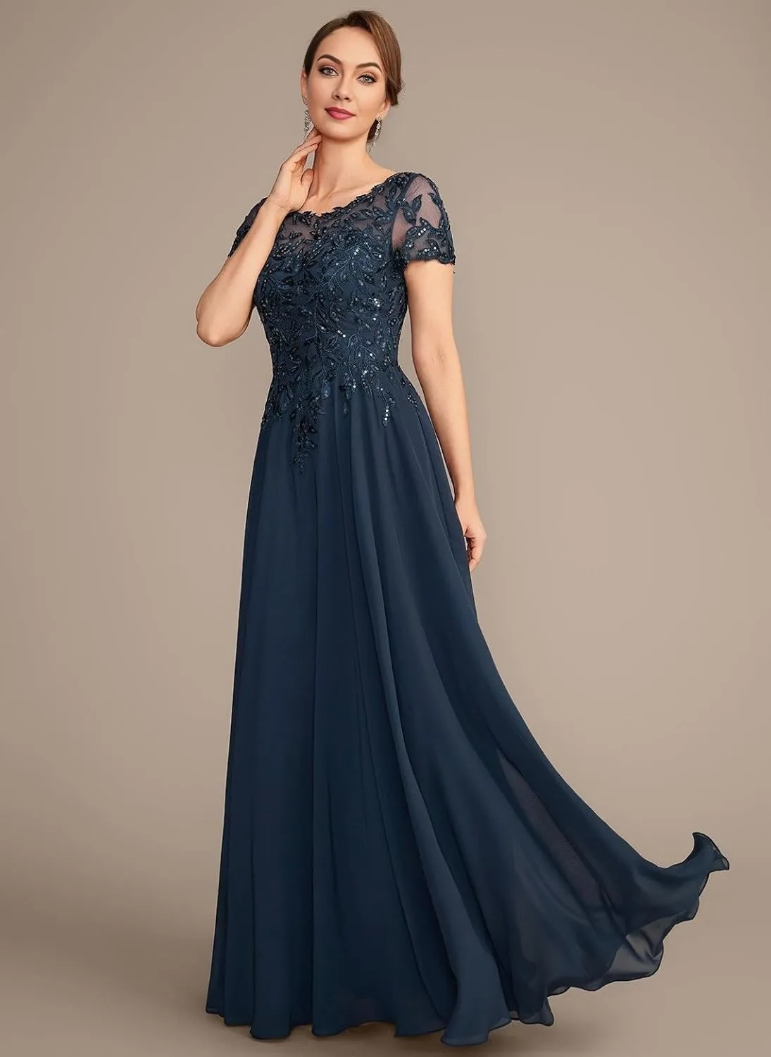 Chiffon Mother of The Bride Dresses Long for Women Short Sleeve Lace Appliques Formal Dresses with Pocket HO056
