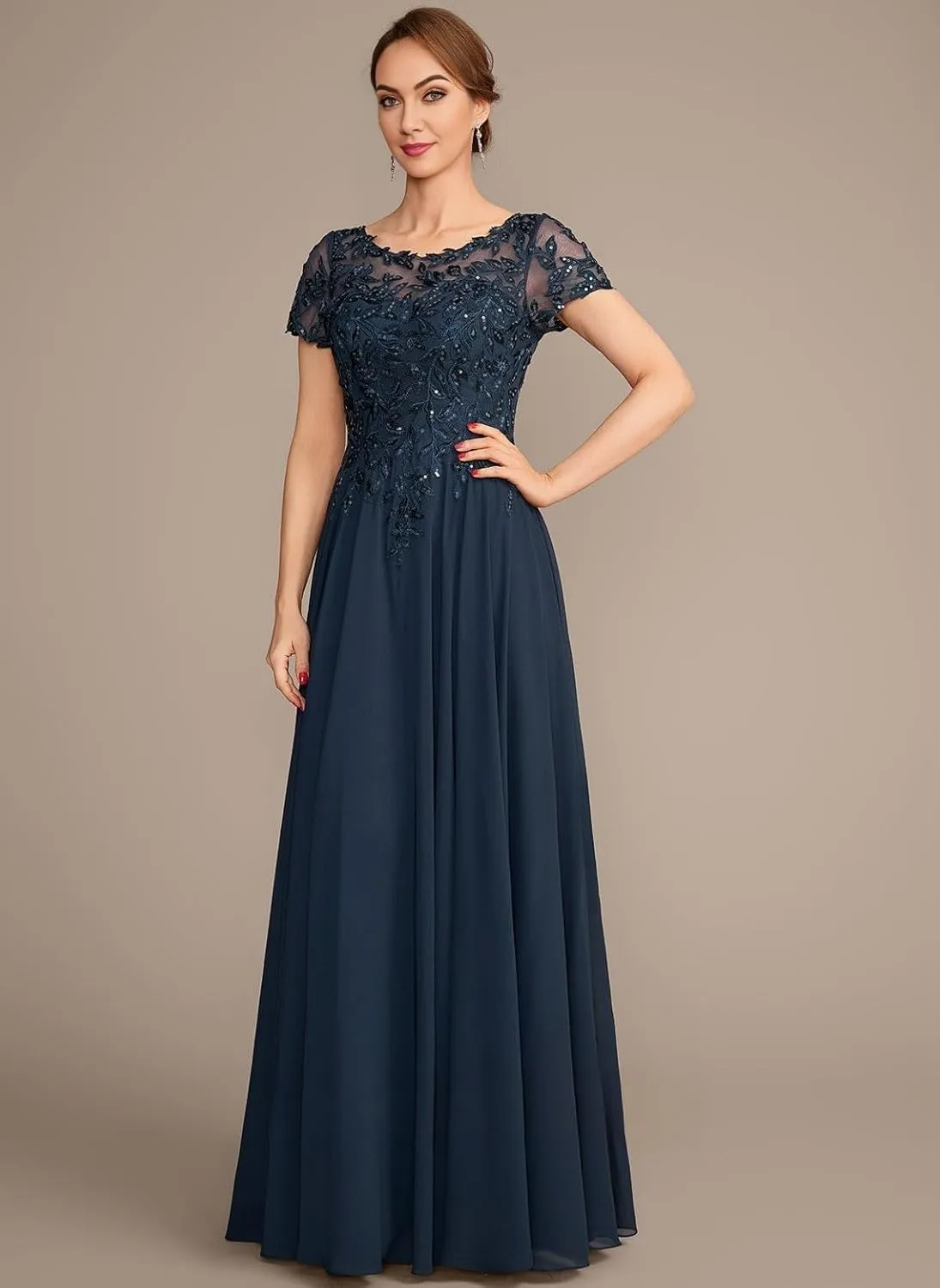 Chiffon Mother of The Bride Dresses Long for Women Short Sleeve Lace Appliques Formal Dresses with Pocket HO056