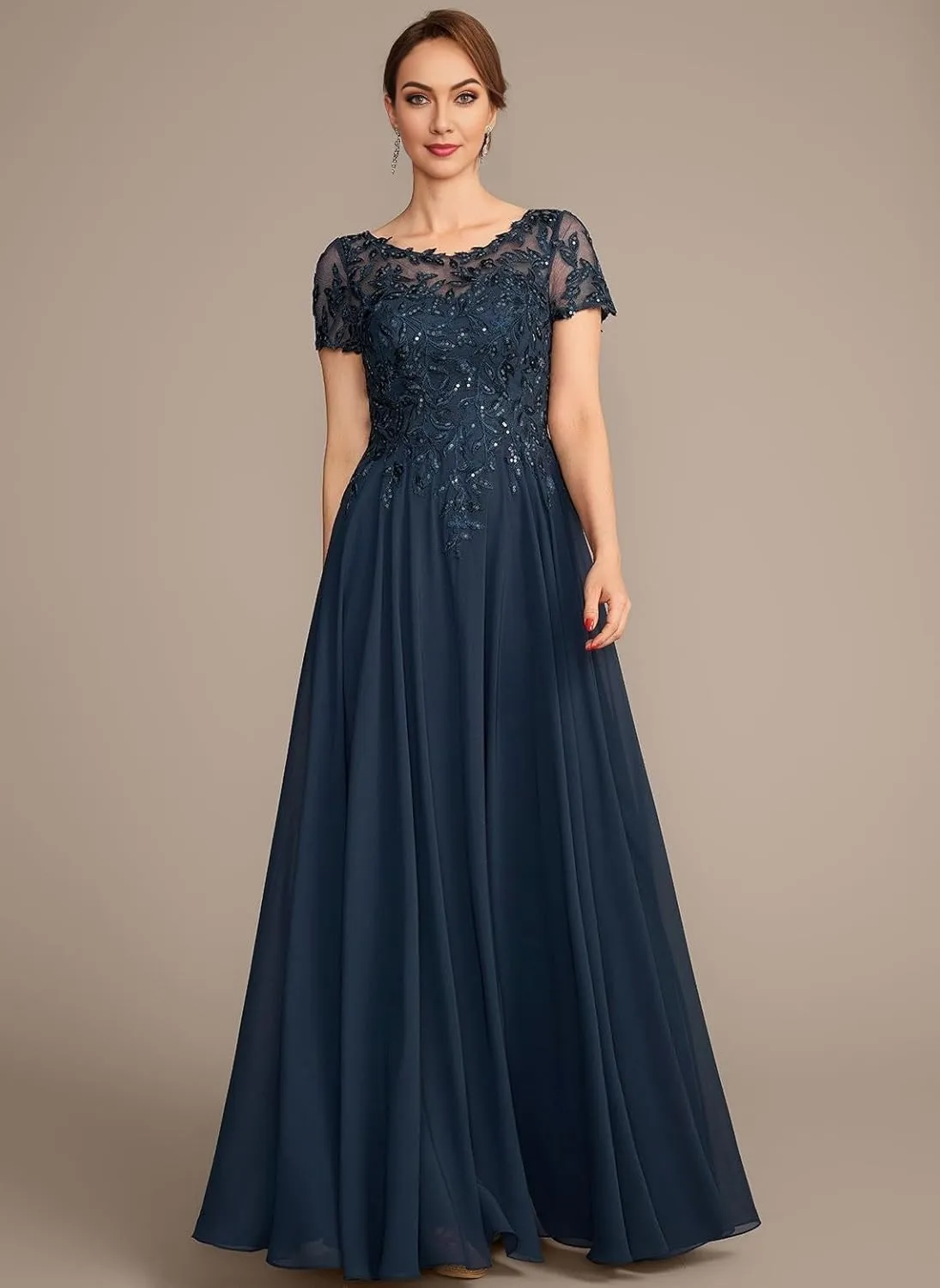 Chiffon Mother of The Bride Dresses Long for Women Short Sleeve Lace Appliques Formal Dresses with Pocket HO056