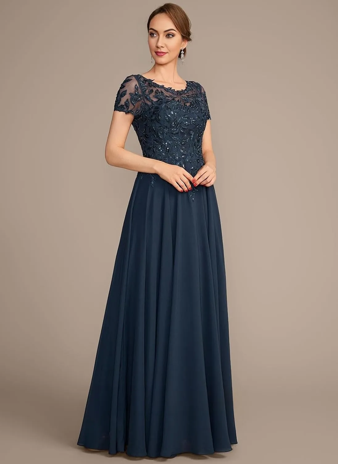 Chiffon Mother of The Bride Dresses Long for Women Short Sleeve Lace Appliques Formal Dresses with Pocket HO056