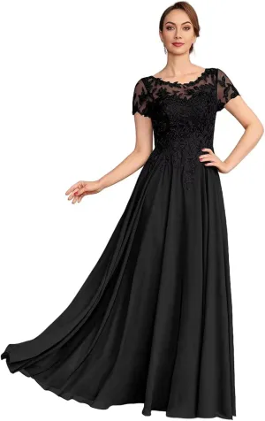 Chiffon Mother of The Bride Dresses Long for Women Short Sleeve Lace Appliques Formal Dresses with Pocket HO056