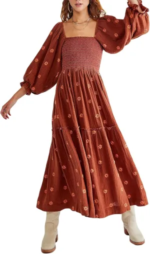 Chloefairy Fashion Women's 3D Floral Embroidered Maxi Dress Puff Sleeve Square Neck Tiered Flowy A-line Dress