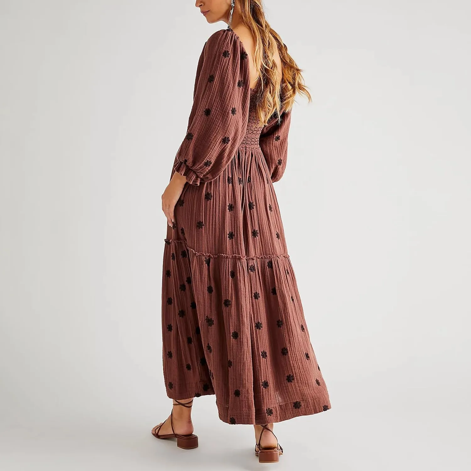 Chloefairy Fashion Women's 3D Floral Embroidered Maxi Dress Puff Sleeve Square Neck Tiered Flowy A-line Dress