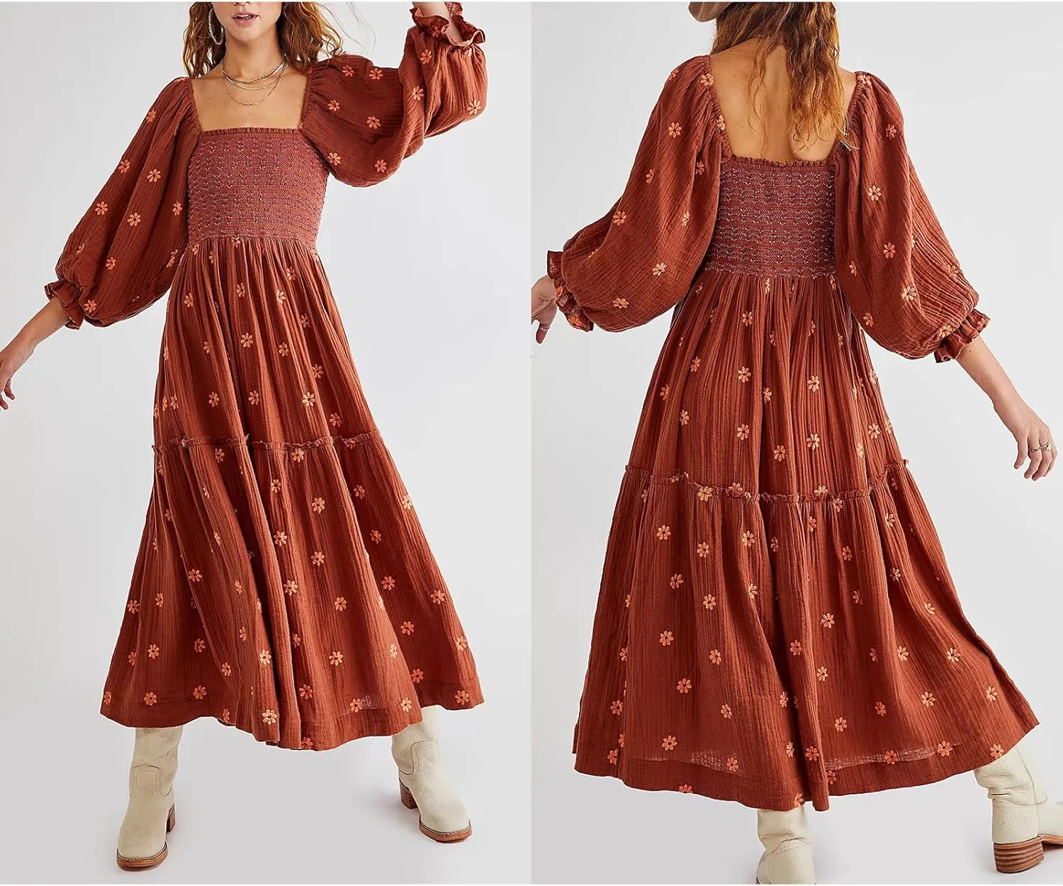 Chloefairy Fashion Women's 3D Floral Embroidered Maxi Dress Puff Sleeve Square Neck Tiered Flowy A-line Dress