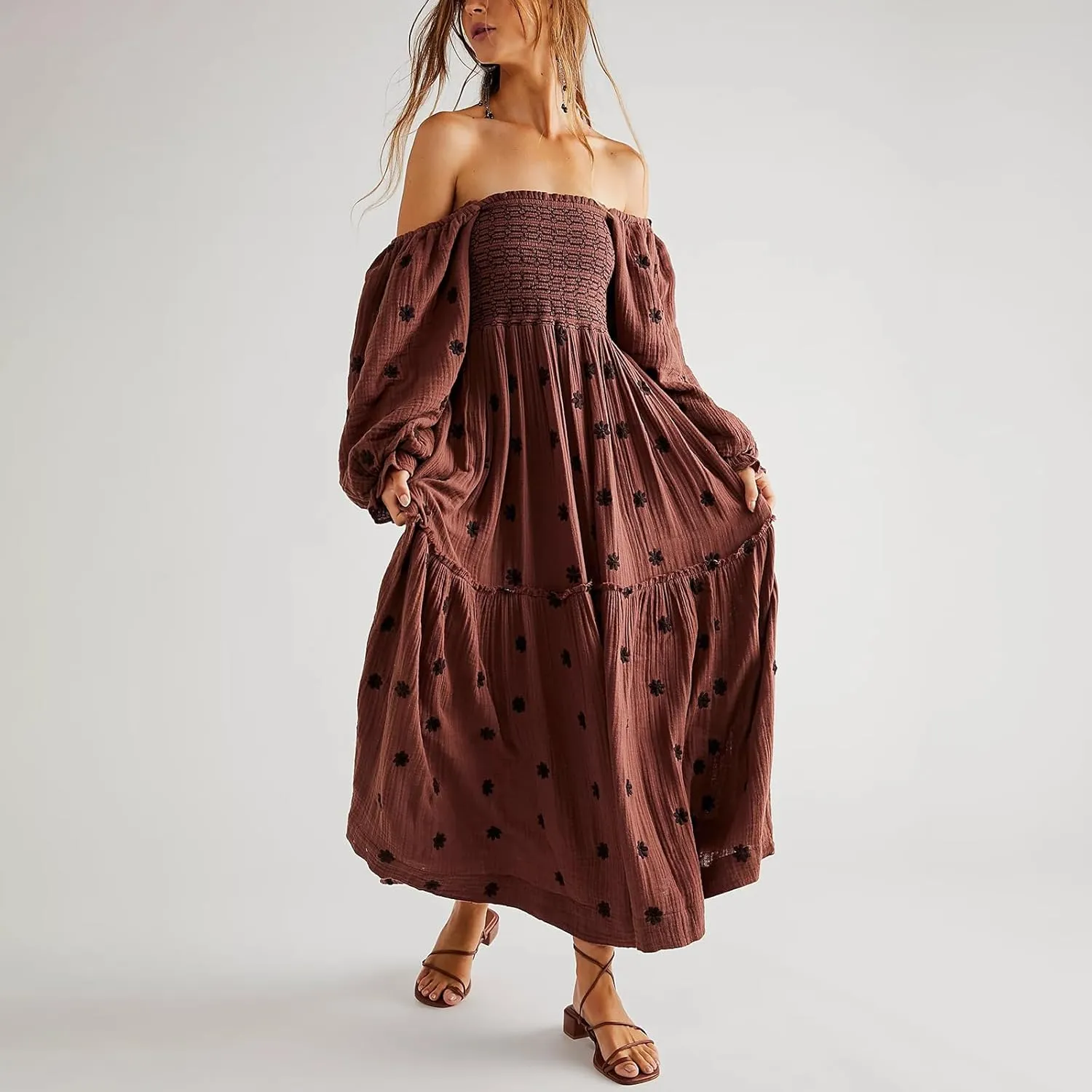 Chloefairy Fashion Women's 3D Floral Embroidered Maxi Dress Puff Sleeve Square Neck Tiered Flowy A-line Dress