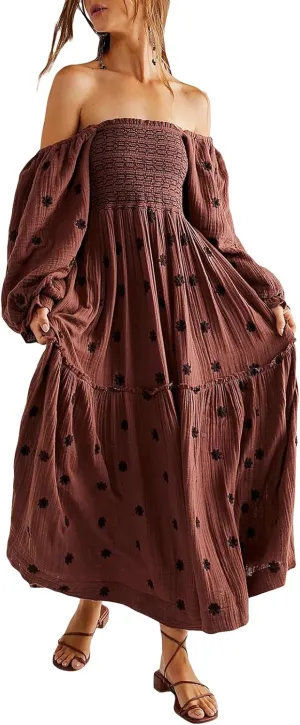 Chloefairy Fashion Women's 3D Floral Embroidered Maxi Dress Puff Sleeve Square Neck Tiered Flowy A-line Dress