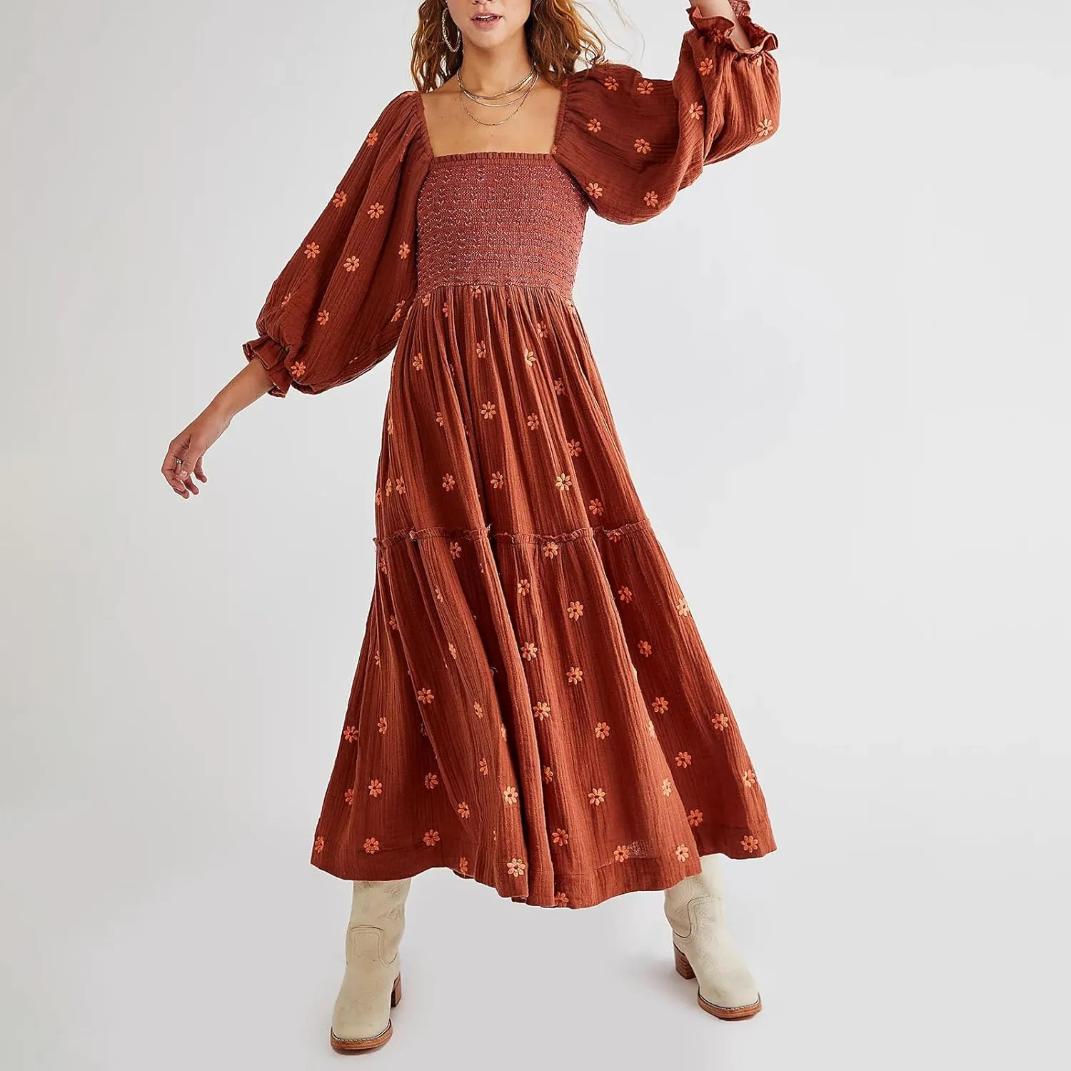 Chloefairy Fashion Women's 3D Floral Embroidered Maxi Dress Puff Sleeve Square Neck Tiered Flowy A-line Dress