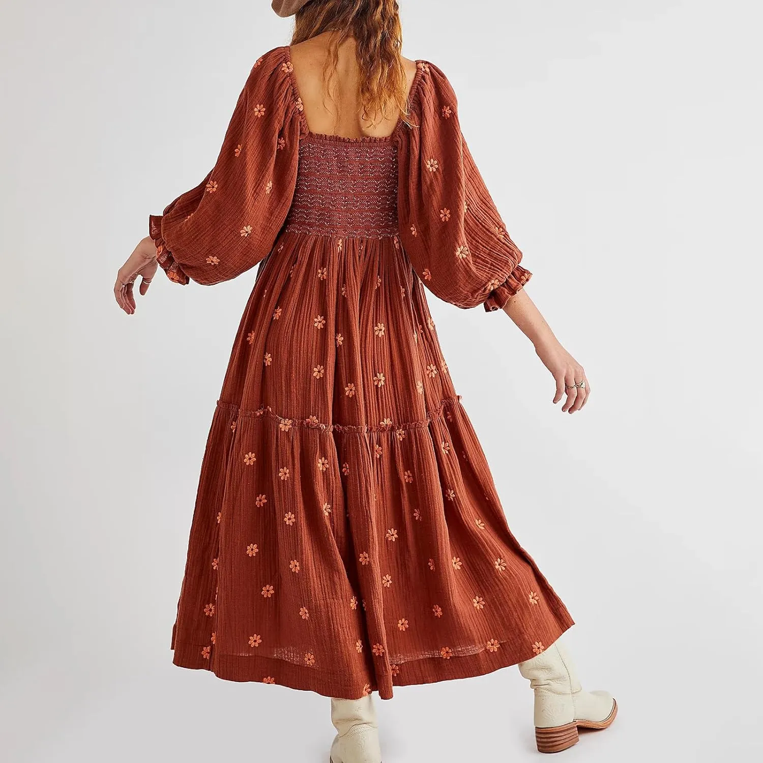 Chloefairy Fashion Women's 3D Floral Embroidered Maxi Dress Puff Sleeve Square Neck Tiered Flowy A-line Dress
