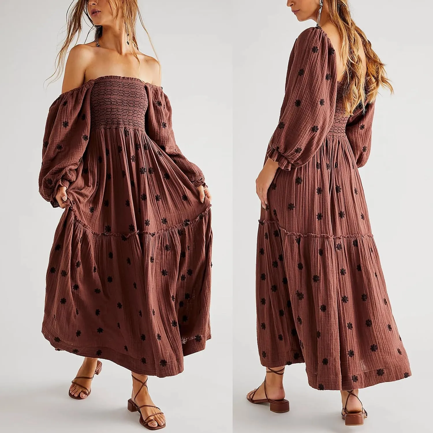 Chloefairy Fashion Women's 3D Floral Embroidered Maxi Dress Puff Sleeve Square Neck Tiered Flowy A-line Dress
