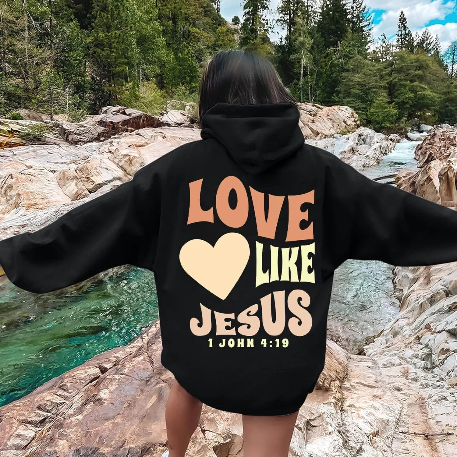 Christian Hoodies for Women Love Like Jesus Letter Graphic Bible Verse Oversized Long Sleeve Jesus Faith Sweatshirts Pullover
