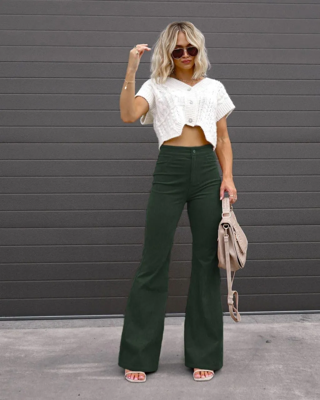 Corduroy Pants Women High Waist Flare Pants Casual Wide Leg Trousers with Pockets