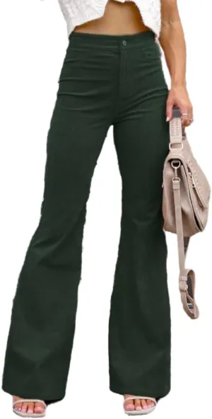 Corduroy Pants Women High Waist Flare Pants Casual Wide Leg Trousers with Pockets