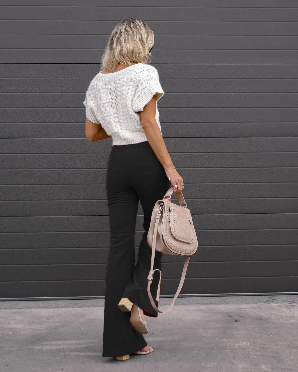 Corduroy Pants Women High Waist Flare Pants Casual Wide Leg Trousers with Pockets