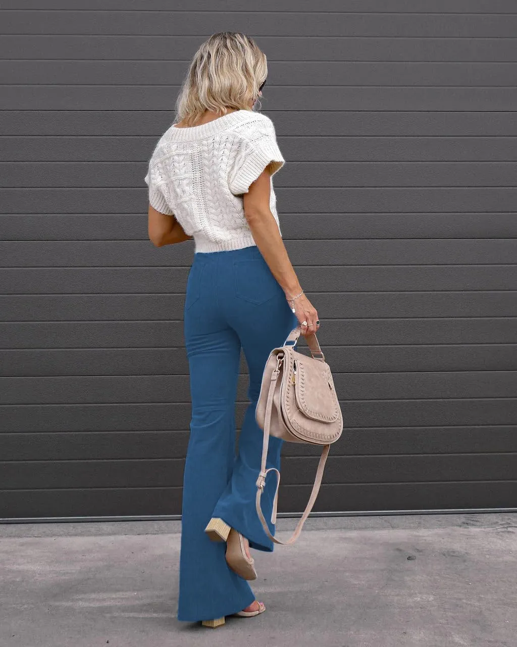 Corduroy Pants Women High Waist Flare Pants Casual Wide Leg Trousers with Pockets