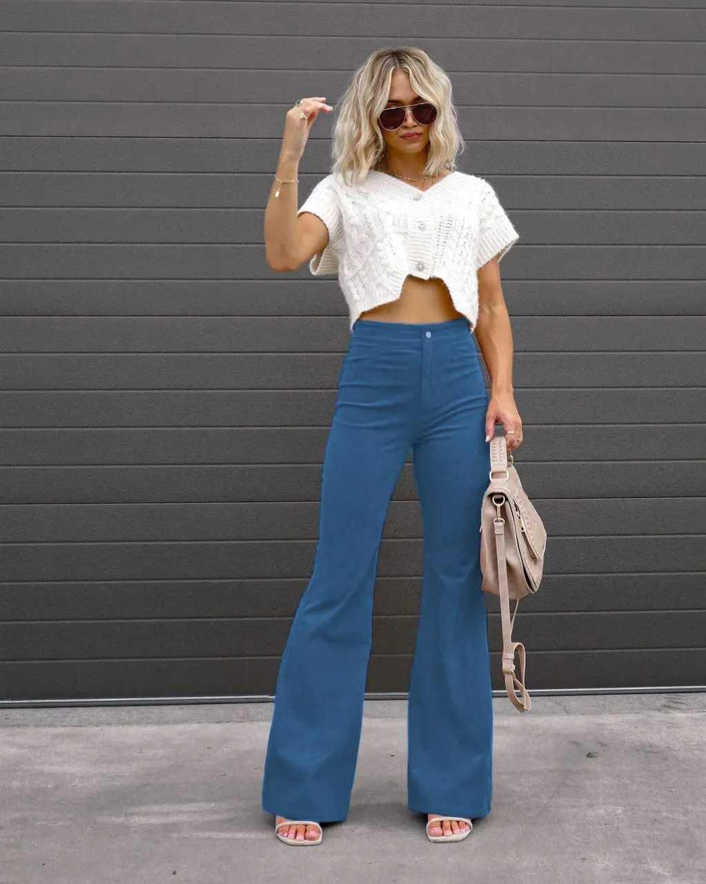 Corduroy Pants Women High Waist Flare Pants Casual Wide Leg Trousers with Pockets